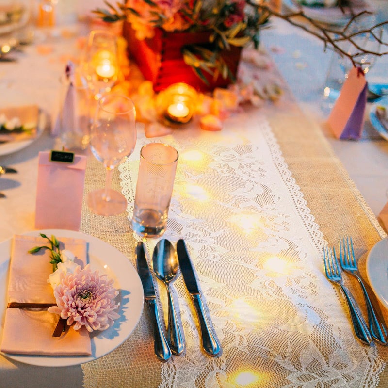 Xinnun 6 Pack Burlap Table Runner with LED String Lights, Modern Rustic Lace Natural Vintage Boho Jute Wedding Table Decor for Farmhouse Thanksgiving Christmas(Christmas Trim,12x70 Inches) - Image 2