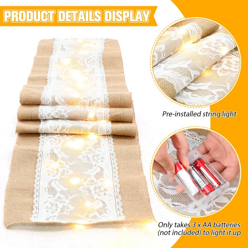 Xinnun 6 Pack Burlap Table Runner with LED String Lights, Modern Rustic Lace Natural Vintage Boho Jute Wedding Table Decor for Farmhouse Thanksgiving Christmas(Christmas Trim,12x70 Inches) - Image 3