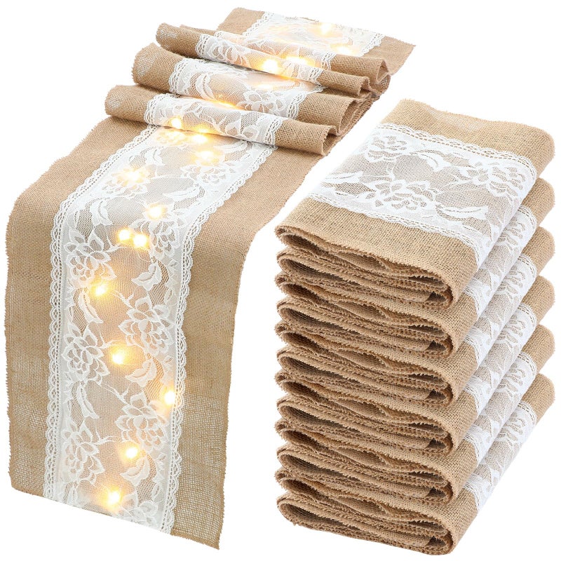 Xinnun 6 Pack Burlap Table Runner with LED String Lights, Modern Rustic Lace Natural Vintage Boho Jute Wedding Table Decor for Farmhouse Thanksgiving Christmas(Christmas Trim,12x70 Inches) - Image 1