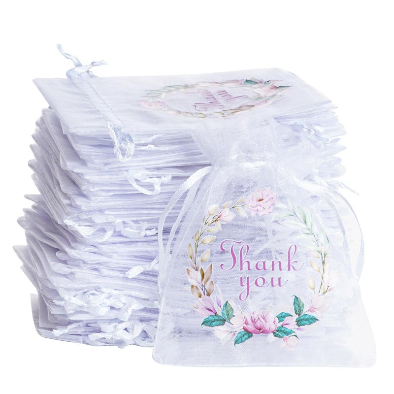 Bskifnn 50 Pcs Organza Bags Thank You Printed Satin Drawstring Organza Pouch Candy Bags Wedding Party Favor Gift Bag Jewelry Pouch (White, 4Ã—4.8 Inch) - Image 1