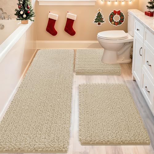 ACCUMTEK Upgrade Extra Large Beige Bathroom Rug Set 3 Pieces Ultra Soft Thick Absorbent Bath Mats Non Slip Chenille Toilet Mat for Bathroom Bedroom Kitchen