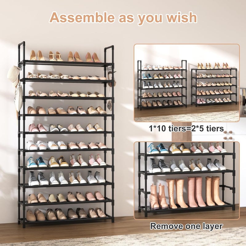 VTRIN 10 Tier Shoe Rack Tall Large Capacity 50 Pair Wide Shoe Organizer with Two Hooks Sturdy Metal Shoe Shelf for Entryway, Closet, Bedroom - Image 5
