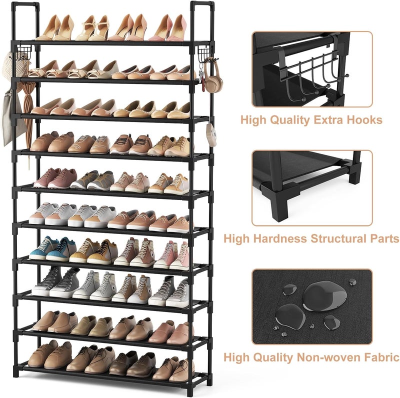 VTRIN 10 Tier Shoe Rack Tall Large Capacity 50 Pair Wide Shoe Organizer with Two Hooks Sturdy Metal Shoe Shelf for Entryway, Closet, Bedroom - Image 4