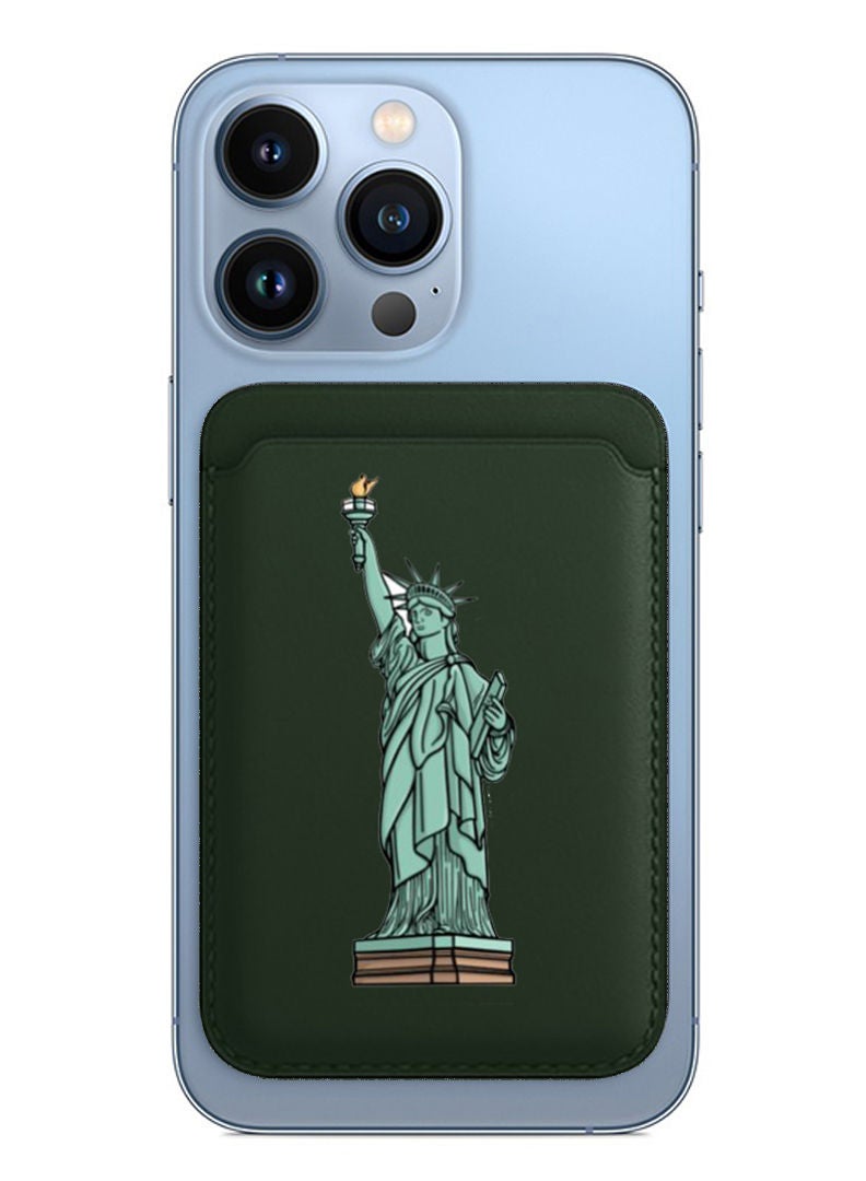 Theodor Magsafe Wallet - Mag Safe Secure Credit Card Holder – Vegan Leather. Magnetic Card Wallet Holder - Apple iPhone 14,13,12 Compatible- Green- Statute Of Liberty  - Image 1