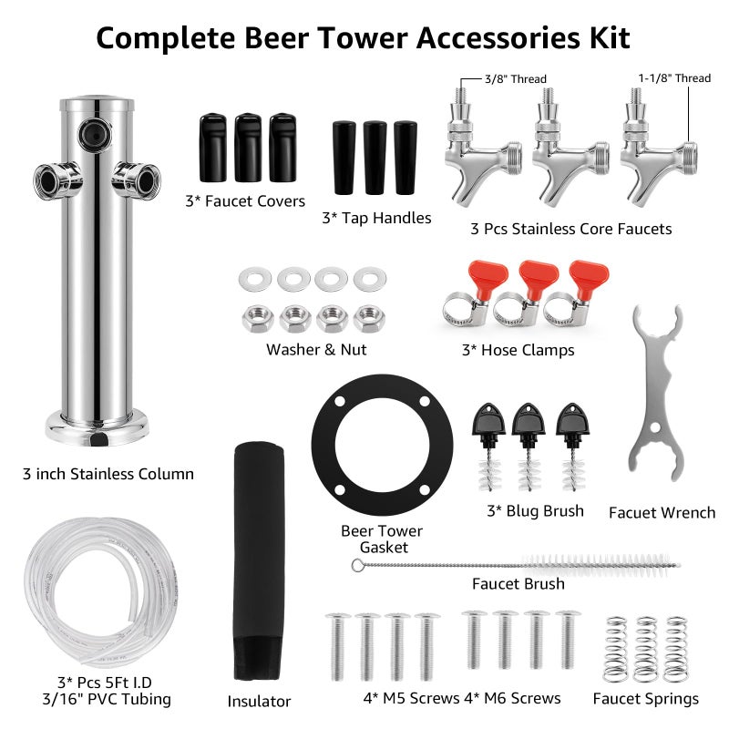 MRbrew 3 Tap Draft Beer Tower, SS 3'' Kegerator Tower & Stainless Core Self-Closing Faucet Pre-assembled Keg Tower Support Countertop and Kegerator Installation for Home, Bar, Party Beer Dispenser - Image 3