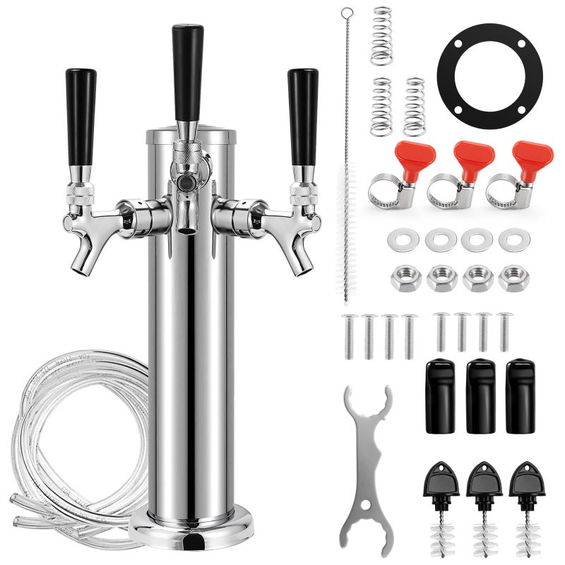 MRbrew 3 Tap Draft Beer Tower, SS 3'' Kegerator Tower & Stainless Core Self-Closing Faucet Pre-assembled Keg Tower Support Countertop and Kegerator Installation for Home, Bar, Party Beer Dispenser - Image 1