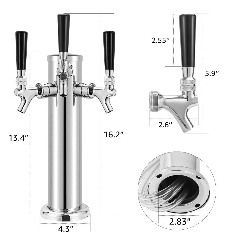 MRbrew 3 Tap Draft Beer Tower, SS 3'' Kegerator Tower & Stainless Core Self-Closing Faucet Pre-assembled Keg Tower Support Countertop and Kegerator Installation for Home, Bar, Party Beer Dispenser - Image 2