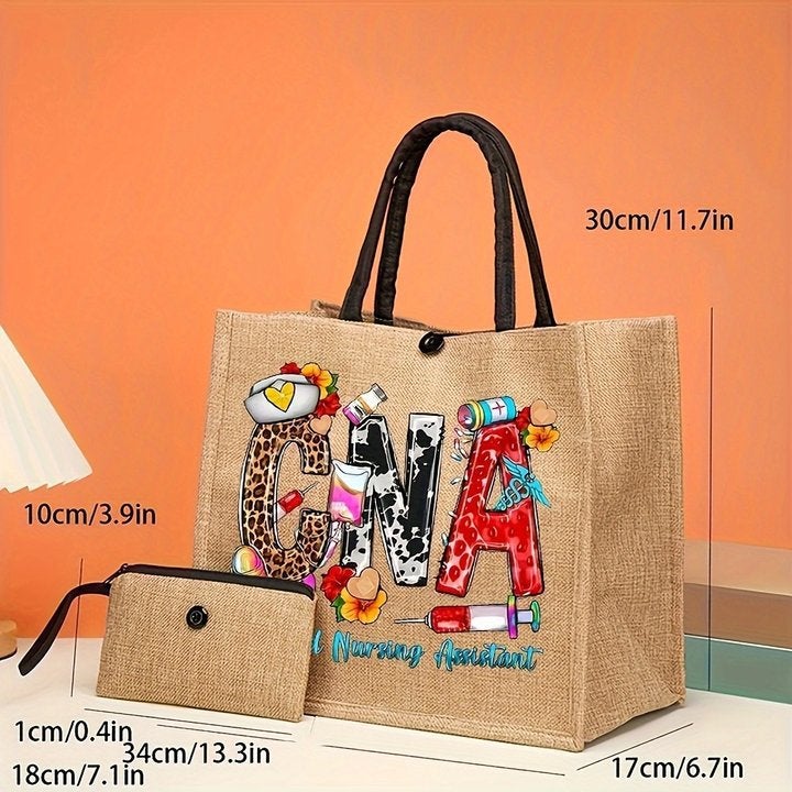 Fashion Printed Linen Handbag Tote Bag Office Worker 2-Piece Set -Style Lightweight Commuter Women'S Fashion - Image 1