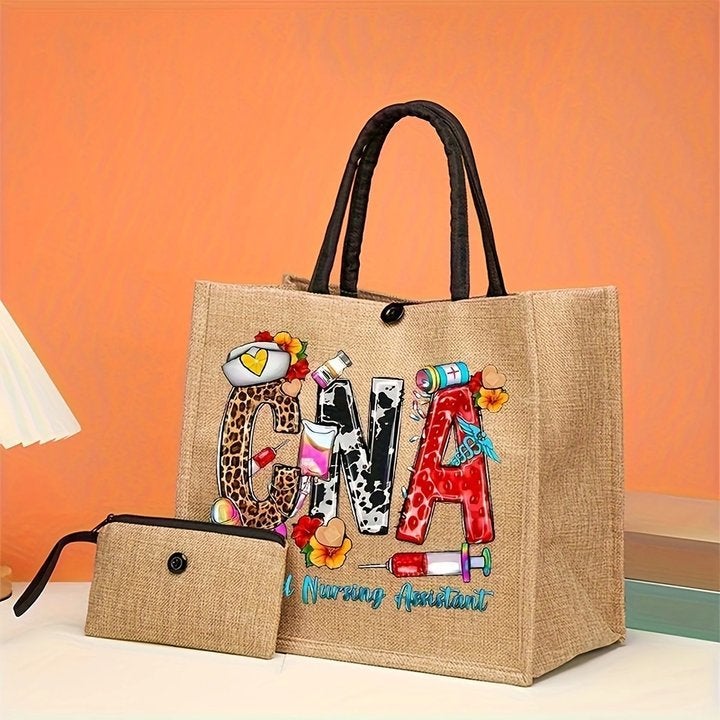 Fashion Printed Linen Handbag Tote Bag Office Worker 2-Piece Set -Style Lightweight Commuter Women'S Fashion - Image 2