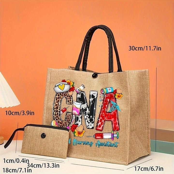 Fashion Printed Linen Handbag Tote Bag Office Worker 2-Piece Set -Style Lightweight Commuter Women'S Fashion - Image 5