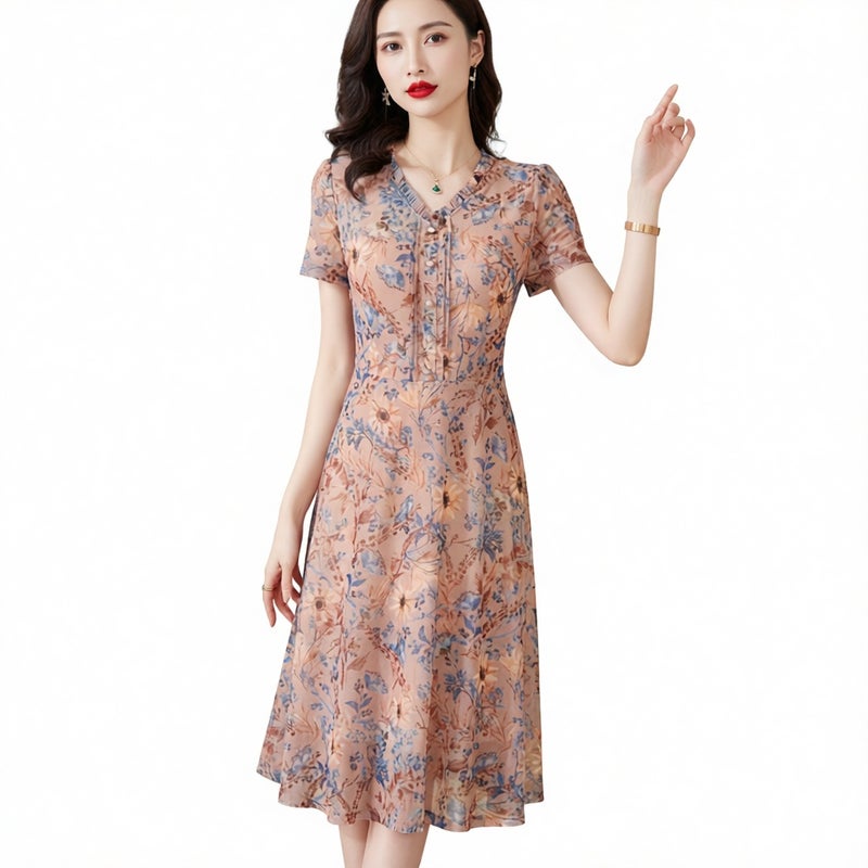Floral Print Mesh Midi Dress Plus Size Short Sleeve Women's Fashion - Image 4