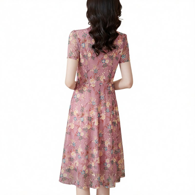 Floral Print Mesh Midi Dress Plus Size Short Sleeve Women's Fashion - Image 2