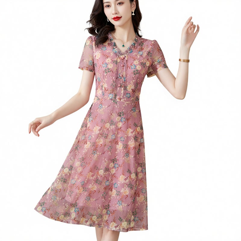 Floral Print Mesh Midi Dress Plus Size Short Sleeve Women's Fashion - Image 3