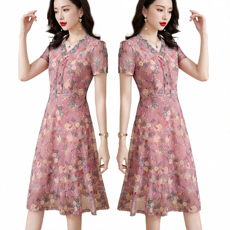 Floral Print Mesh Midi Dress Plus Size Short Sleeve Women's Fashion - Image 1