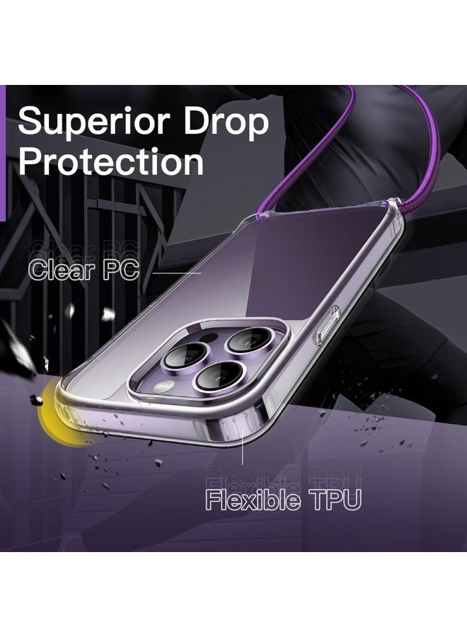 Crossbody Case For IPhone 14 Pro 6.1-Inch With Adjustable Lanyard Strap Clear Transparent Anti-Yellowing Shockproof Protective Phone Cover With Neck Cord (Deep Purple) - Image 3