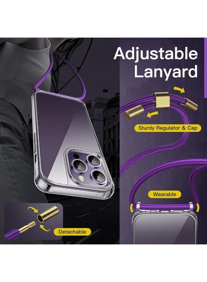 Crossbody Case For IPhone 14 Pro 6.1-Inch With Adjustable Lanyard Strap Clear Transparent Anti-Yellowing Shockproof Protective Phone Cover With Neck Cord (Deep Purple) - Image 2