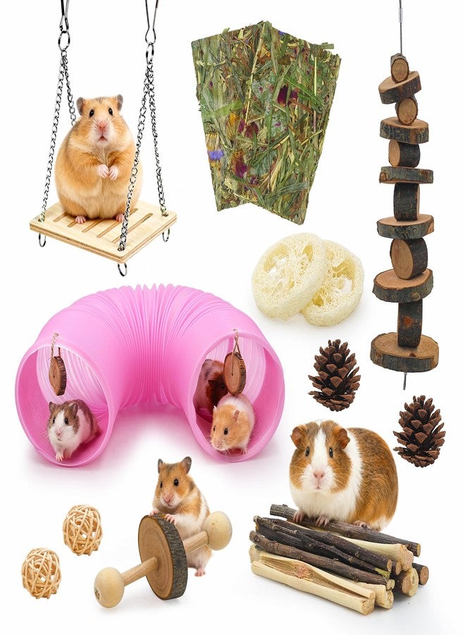 matafat Guinea Pig Toys Kit with Pink Hamster Fun Plastic Tunnel Small Animals Chew Toys with Natural Timothy Hay Chips, 30 Pcs Hamster Cage Accessories for Gerbils, Rats, Mice, Ferrets (Pink) - Image 1