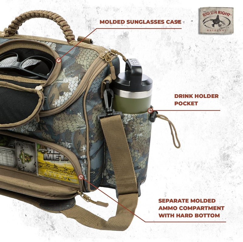 Rig Em Right Rig'Em Right Waterfowl Lock and Load Duck Hunting Blind Bag with Molded Ammo Compartments, Sunglasses Case, Drink Holder and More (Optifade Timber Camo) - Image 4