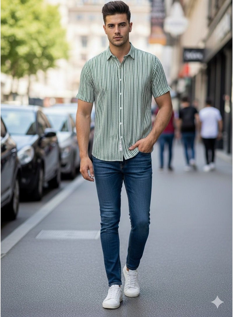 ريزاريز قميص رجالي كاجوال مخطط بقصّة Slim Fit وأكمام قصيرة - Image 2