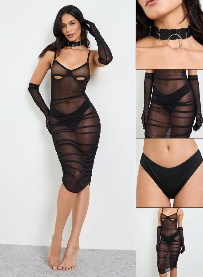 تايك تو Pack of 4 - Black Sheer Slip, Gloves, Brief and Chocker Necklace