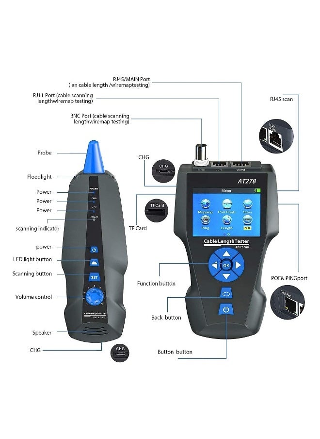 Generic - Network Cable Tester, AT278 TDR Multi-functional LCD Tracker For RJ45, RJ11, BNC, Metal Cable, PING/POE NF-8601S - Image 1