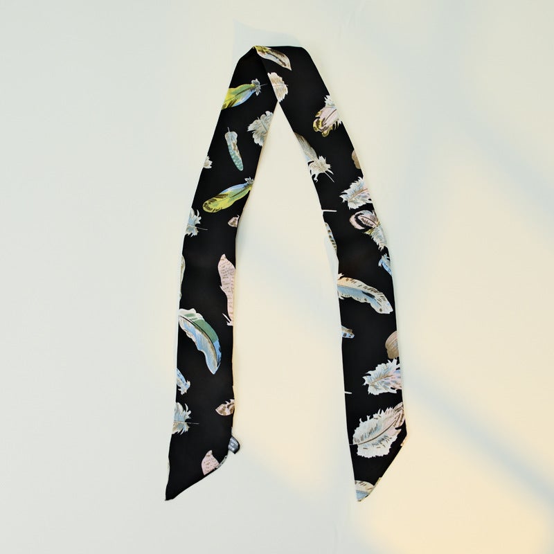 90cm Printed Skinny Silk Scarf Hairband for Women Color feather black bottom