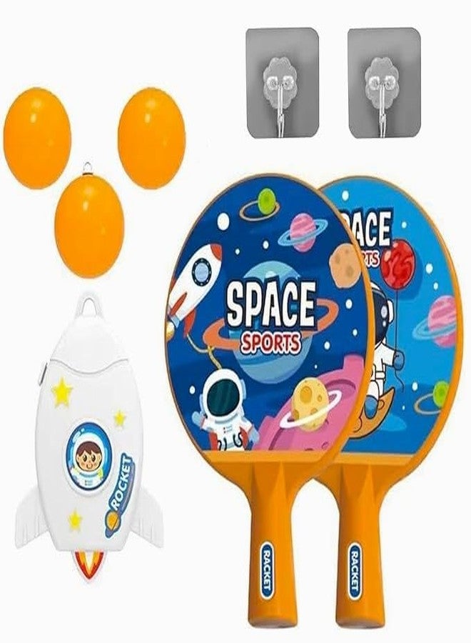Right Search Space Sports Table Tennis Set, 2 Space-Themed Paddles with Orange Handles, 3 Balls, Rocket Wall Hook, Orange and Blue - Image 1