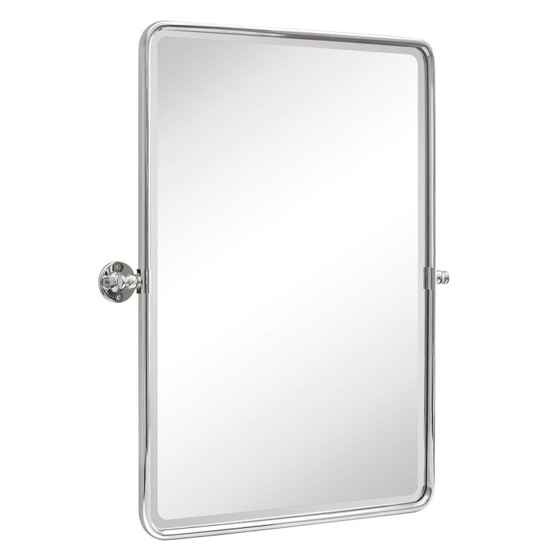 TEHOME 27 x 35 Farmhouse Chrome Metal Framed Pivot Rectangle Bathroom Mirror Tilting Beveled Vanity Mirrors for Wall