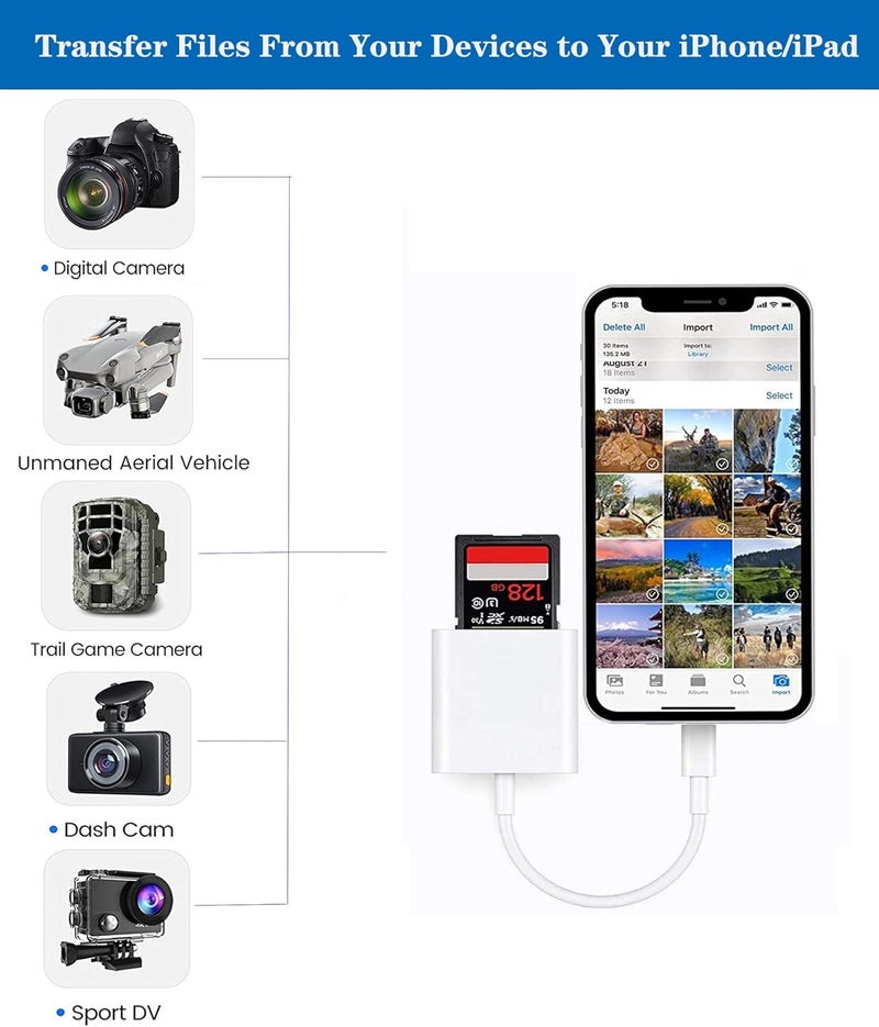 Wahbite Apple Lightning to SD Card Camera Reader, Trail Camera Viewer SD Memory Card Adapter for iPhone 14/13/12/11/XS/XR/X/8/7/iPad, Plug and Play - Image 5
