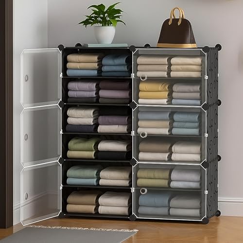 Zemic Plastic Wardrobe for Clothes : 𝟏𝟐 𝐒𝐡𝐞𝐥𝐟 ^ 𝟔 𝐃𝐨𝐨𝐫 Plastic Cupboard for Storage Organizer & Storage Box for Ideal for Neat and Tidy Storage Solutions Almirah for Clothes : 𝐁𝐥𝐚𝐜𝐤 - Image 1