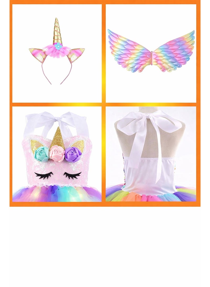 ملابس تنكرية مضيئة للأميرات الصغيرات، زي تنكري على شكل وحيد القرن مضيء للهالوين، زينة لحفلات أعياد الميلاد، هدايا عيد الميلاد، تنانير توتو بأجنحة وعصابة رأس باللون الوردي، مناسبة للأطفال من عمر 3-4 سنوات - Image 3