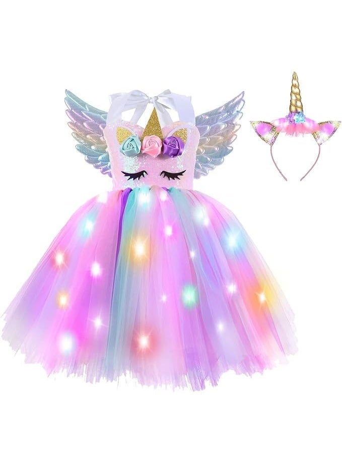 ملابس تنكرية مضيئة للأميرات الصغيرات، زي تنكري على شكل وحيد القرن مضيء للهالوين، زينة لحفلات أعياد الميلاد، هدايا عيد الميلاد، تنانير توتو بأجنحة وعصابة رأس باللون الوردي، مناسبة للأطفال من عمر 3-4 سنوات - Image 2