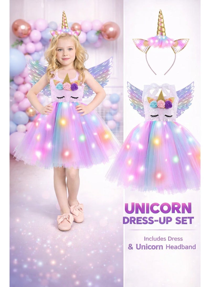 ملابس تنكرية مضيئة للأميرات الصغيرات، زي تنكري على شكل وحيد القرن مضيء للهالوين، زينة لحفلات أعياد الميلاد، هدايا عيد الميلاد، تنانير توتو بأجنحة وعصابة رأس باللون الوردي، مناسبة للأطفال من عمر 3-4 سنوات - Image 1