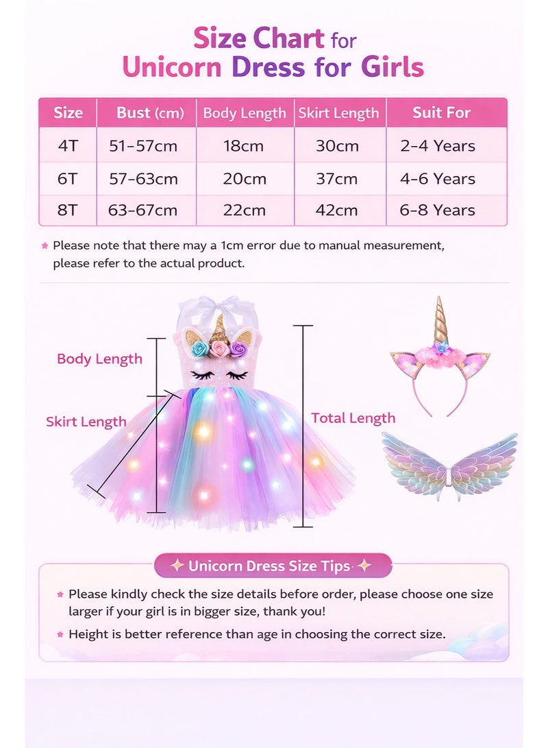 ملابس تنكرية مضيئة للأميرات الصغيرات، زي تنكري على شكل وحيد القرن مضيء للهالوين، زينة لحفلات أعياد الميلاد، هدايا عيد الميلاد، تنانير توتو بأجنحة وعصابة رأس باللون الوردي، مناسبة للأطفال من عمر 3-4 سنوات - Image 4