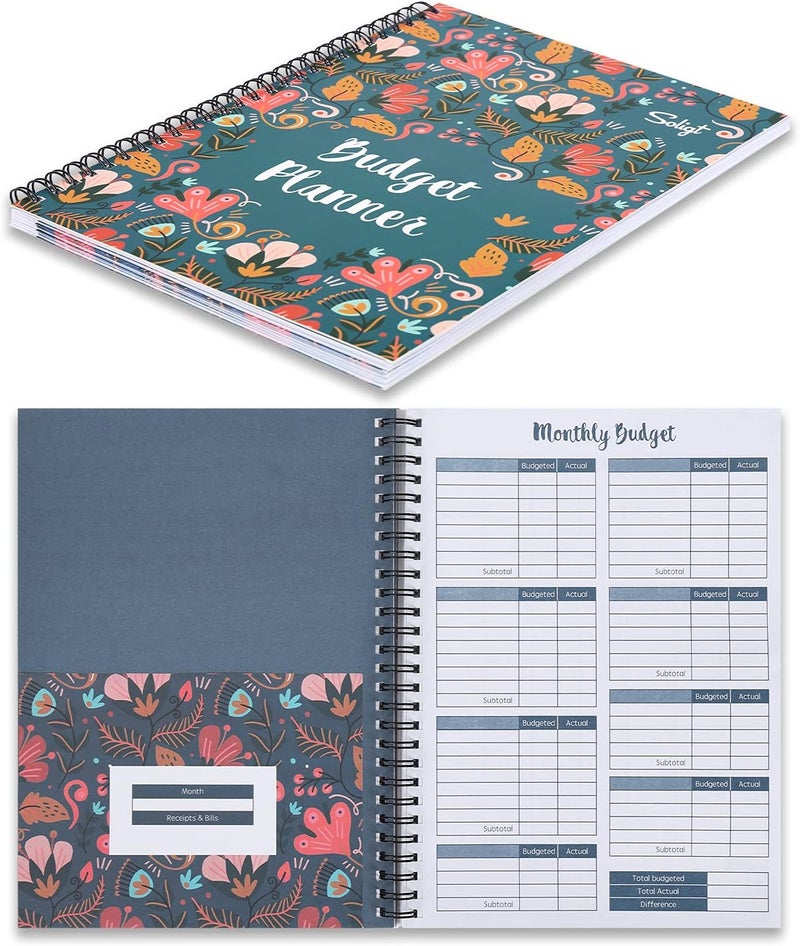 SOLIGT Budget Planner 2025-2026, Monthly Budget Book Bill Organizer with 12 Pockets, Undated Home Financial Money Expense Saving Debt Tracker Notebook, 1 Year, Blue Floral, Spiral Design - Image 1