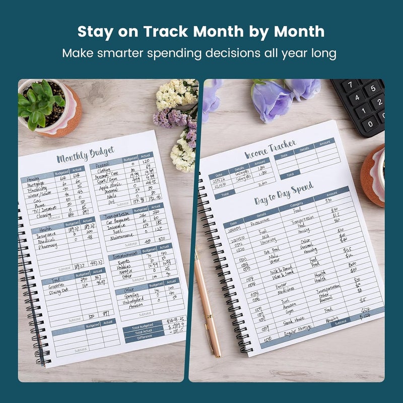 SOLIGT Budget Planner 2025-2026, Monthly Budget Book Bill Organizer with 12 Pockets, Undated Home Financial Money Expense Saving Debt Tracker Notebook, 1 Year, Blue Floral, Spiral Design - Image 4