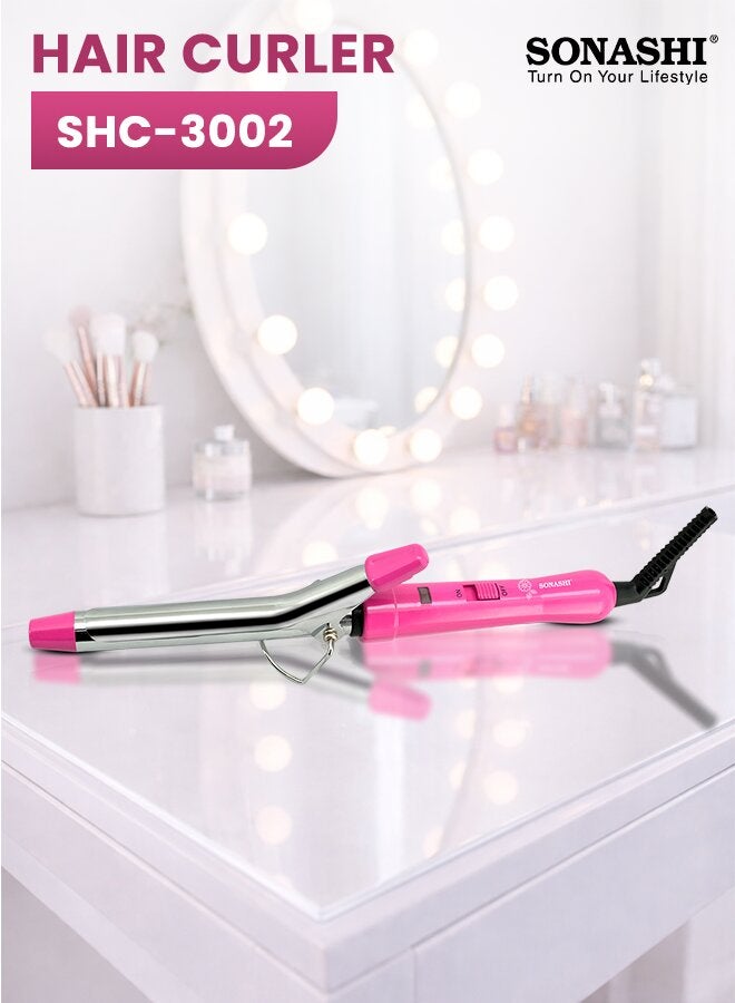 Hair Curler For All Hair Types Temperature Setting Of 200 Degree With ONOFF Switch And 360 degree swivel cord Hanging Loop SHC-3002 Pink/Silver