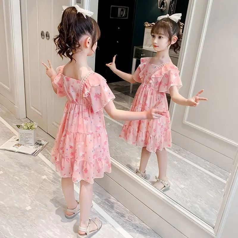 Girls Dress Summer Dress Western Style Sweet Princess Dress Square Collar Short Sleeve Children'S Beach Dress Summer - Image 3