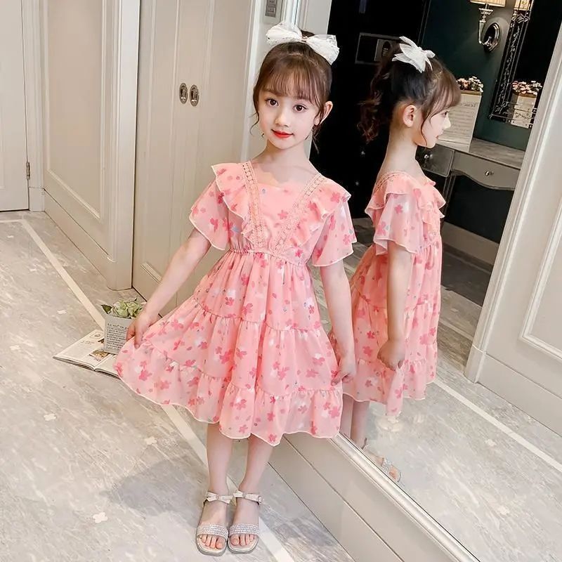 Girls Dress Summer Dress Western Style Sweet Princess Dress Square Collar Short Sleeve Children'S Beach Dress Summer - Image 2