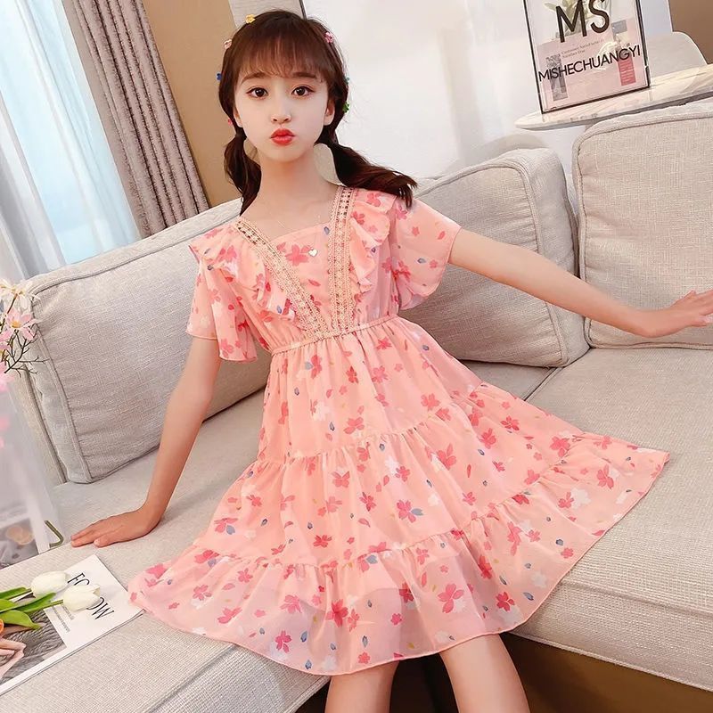 Girls Dress Summer Dress Western Style Sweet Princess Dress Square Collar Short Sleeve Children'S Beach Dress Summer - Image 1