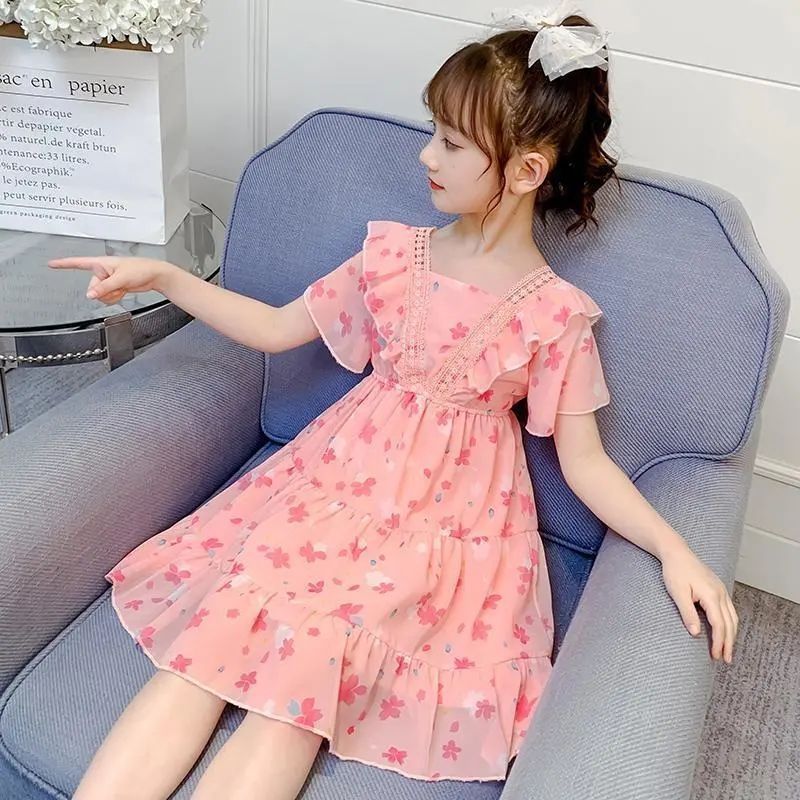 Girls Dress Summer Dress Western Style Sweet Princess Dress Square Collar Short Sleeve Children'S Beach Dress Summer - Image 4