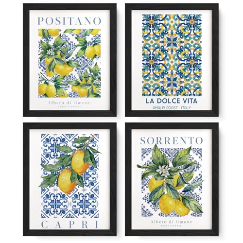 JXREQ Blue Chinoiserie Lemon Italian Mediterranean Wall Art Decor for Home Kitchen Living Room Dining Room, Lemon Italy Wall Art Posters Set of 4, 8x10 Inch Unframed - Image 1