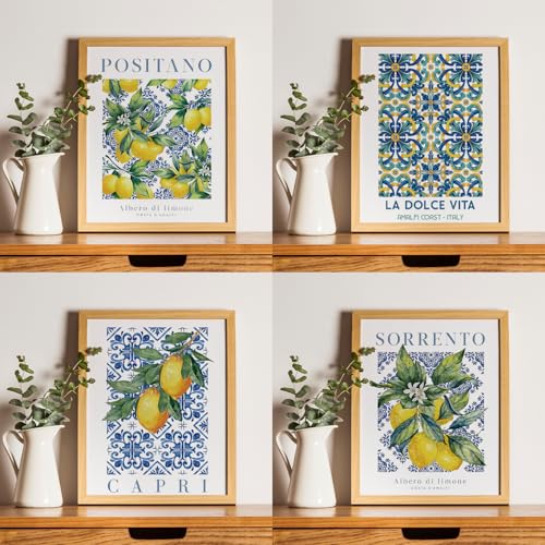 JXREQ Blue Chinoiserie Lemon Italian Mediterranean Wall Art Decor for Home Kitchen Living Room Dining Room, Lemon Italy Wall Art Posters Set of 4, 8x10 Inch Unframed - Image 4