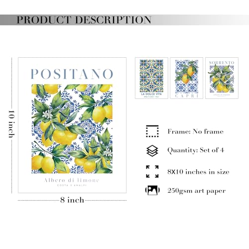 JXREQ Blue Chinoiserie Lemon Italian Mediterranean Wall Art Decor for Home Kitchen Living Room Dining Room, Lemon Italy Wall Art Posters Set of 4, 8x10 Inch Unframed - Image 2