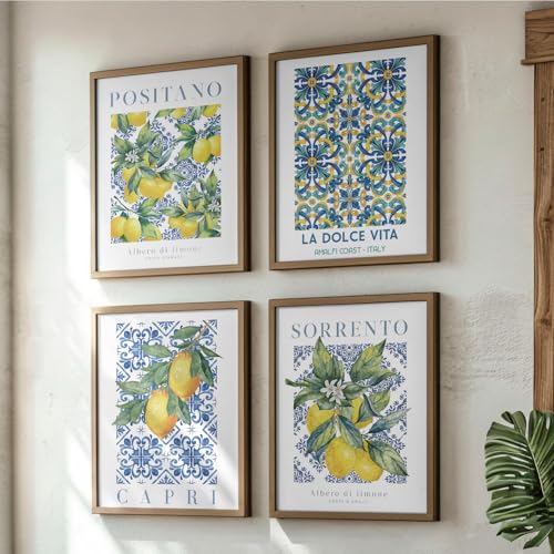 JXREQ Blue Chinoiserie Lemon Italian Mediterranean Wall Art Decor for Home Kitchen Living Room Dining Room, Lemon Italy Wall Art Posters Set of 4, 8x10 Inch Unframed - Image 3