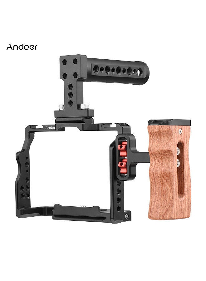 ANDOER Andoer Camera Video Cage + Top Handle + Side Wooden Grip Kit Aluminum Alloy with Dual Cold Shoe Mounts Numerous 1/4 Inch Threads Replacement for Sony A7IV/ A7III/ A7II/ A7R III/ A7R II/ A7S II  - Image 5