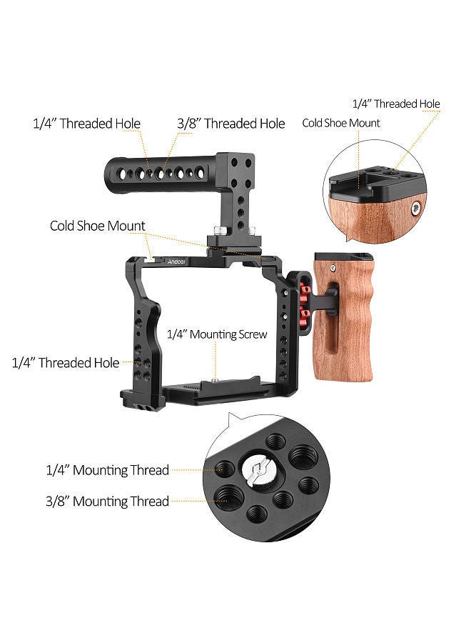 ANDOER Andoer Camera Video Cage + Top Handle + Side Wooden Grip Kit Aluminum Alloy with Dual Cold Shoe Mounts Numerous 1/4 Inch Threads Replacement for Sony A7IV/ A7III/ A7II/ A7R III/ A7R II/ A7S II  - Image 3