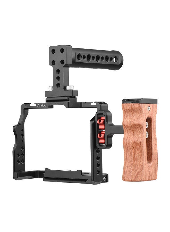 ANDOER Andoer Camera Video Cage + Top Handle + Side Wooden Grip Kit Aluminum Alloy with Dual Cold Shoe Mounts Numerous 1/4 Inch Threads Replacement for Sony A7IV/ A7III/ A7II/ A7R III/ A7R II/ A7S II  - Image 1
