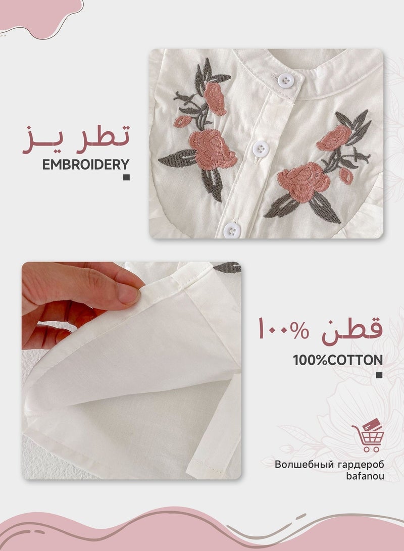 دوكو طقم ملابس قطن صيفي للبنات رضيعات ملابس قطنية رضع تطريزات زهرية 2 قطعة - Image 2