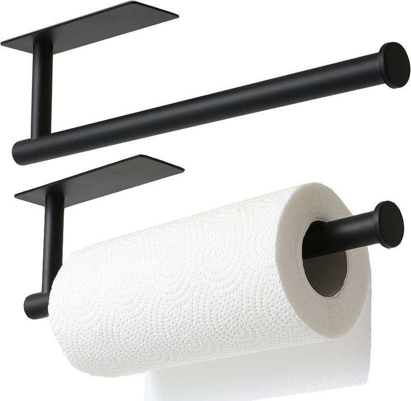 theaoo 2 Packs Paper Towel Holder - Under Cabinet Paper Towel Holder for Kitchen, Adhesive Paper Towel Roll Rack for Bathroom Towel, Wall Mounted Matte Black Paper Towel Rack, SUS304 Stainless Steel - Image 1